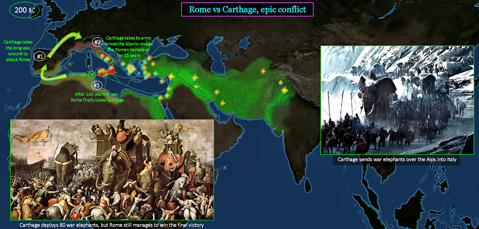 Punic Wars, Rome vs Carthage, 200 BC map